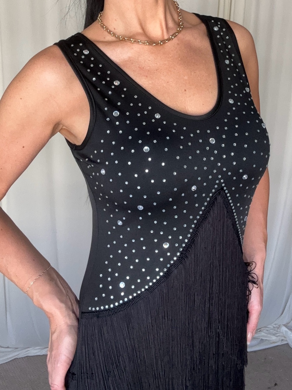 Black Sleeveless Fringe Tank with Rhinestone Detail